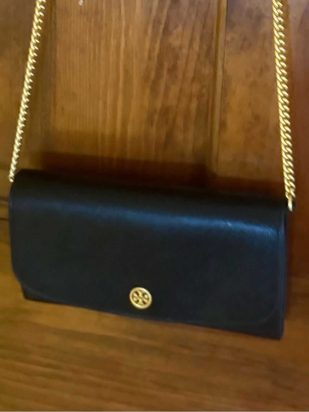 Tory Burch Black Leather Key & Card Holder with Gold Chain Strap